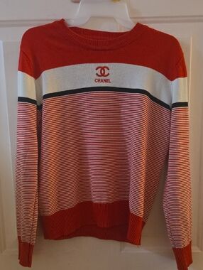 CHANEL Red White & Black Striped Logo Knit Sweater